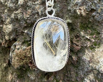Rutilated Clear Quartz Pendant, Polished, Vintage Sterling Silver, Rutile Included, 24" Cable Chain, LS12826