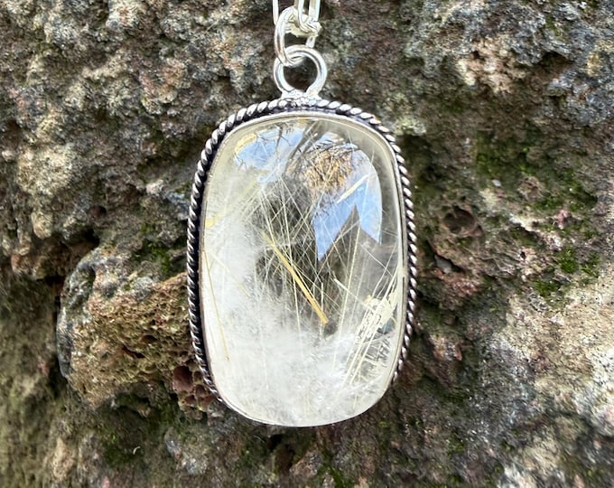 Rutilated Clear Quartz Pendant, Polished, Vintage Sterling Silver, Rutile Included, 24" Cable Chain, LS12826