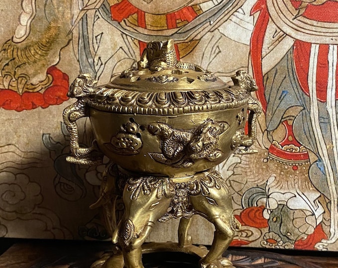 Tibetan Incense Burner, 3-1/2 LBS Heavy Solid Brass,  7" H, Includes Incense