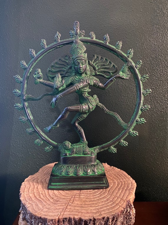 12" Dancing Shiva, Naṭarāja, The Cosmic Dance, Solid Brass, Natural Brass Antique Verdigris Finish, India, 5 LBS, RIT8737