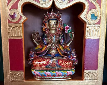 Tibetan Shrine Box for 6" Statue, Handcrafted and Painted, Rustic, Shrine Only, Statue Not Included, Nepal