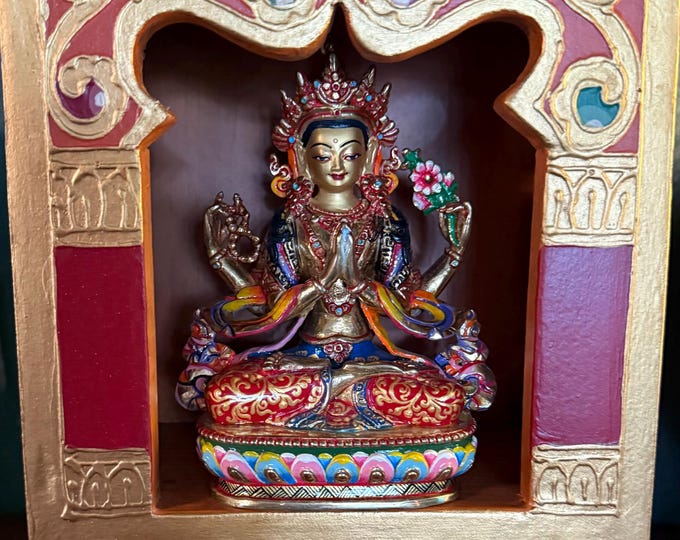 Tibetan Shrine Box for 6" Statue, Handcrafted and Painted, Rustic, Shrine Only, Statue Not Included, Nepal