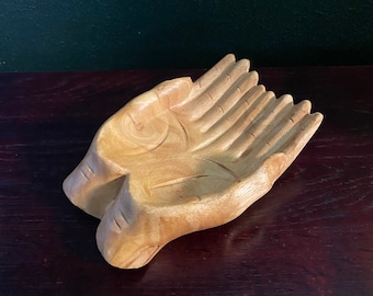 Wooden Hands Offering Bowl, Hand Carved & Finished,  5-1/2"W x 7-1/2"L x 2"H, India, RIT11738