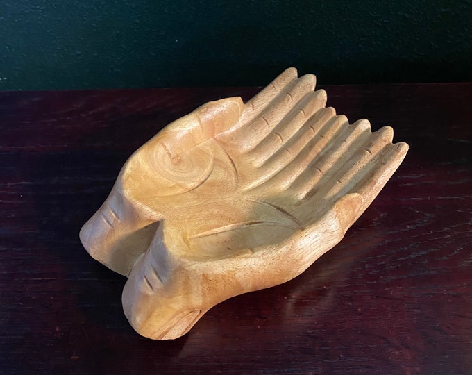 Wooden Hands Offering Bowl, Hand Carved & Finished,  5-1/2"W x 7-1/2"L x 2"H, India, RIT11738