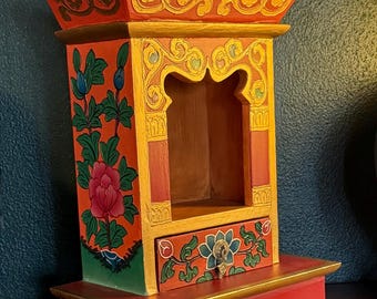 Tibetan Shrine Box for 6" Statue, Handcrafted and Painted, Rustic, Shrine Only, Statue Not Included, Nepal