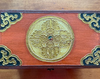 Hand Painted Tibetan Double Dorje  Wooden Box, Orange, Brass Latch, Nepal, 2 LBS- Unpackaged