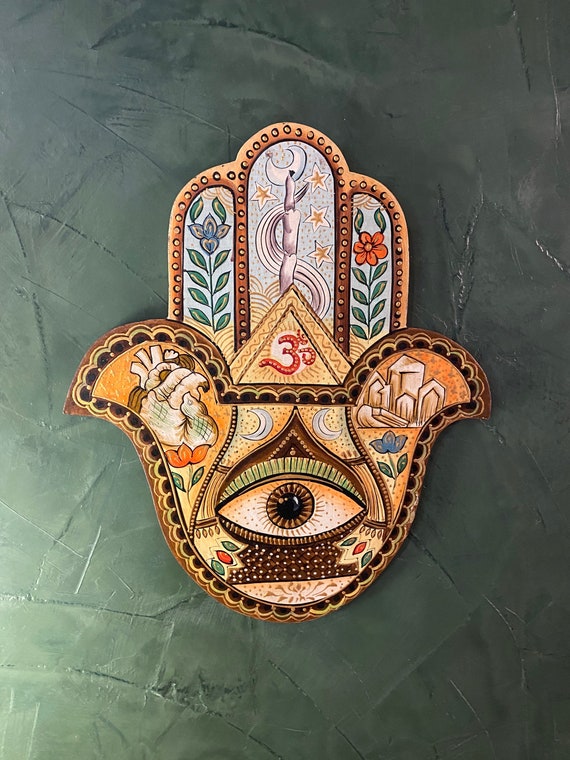 Hamsa Wooden Wall Hanging, Hand Painted, Ready to Hang, 13" H x 11" W x 1/4"