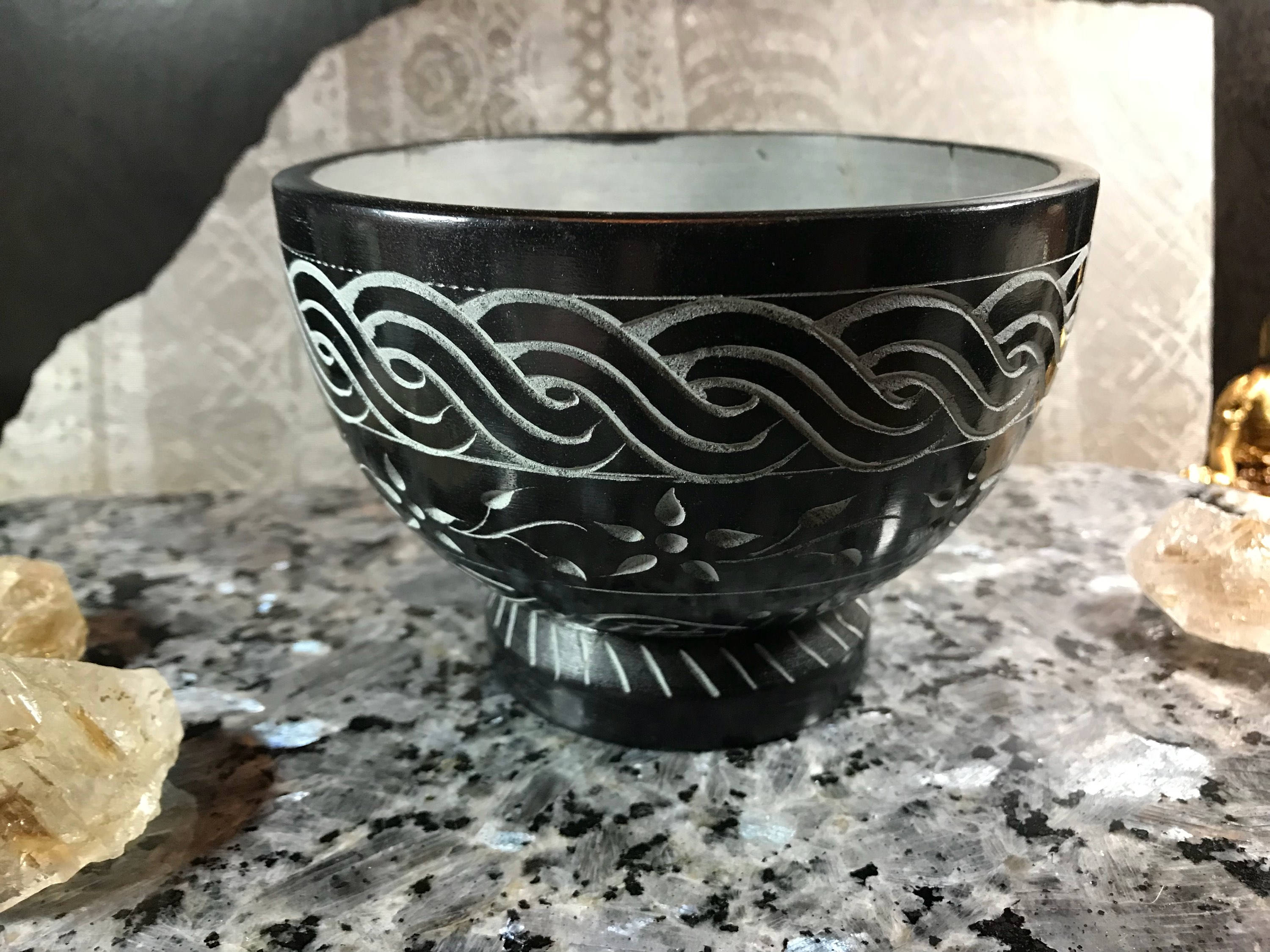 Carved Stone Pedestal Bowl, Rustic, Smudge, Incense, 5 Heavy Altar Bowl