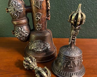Ritual Tibetan Bell & Dorje, 8"+ Ghanta, Brass Bell and Vajra with Detail, In Copper Cover, RIT009