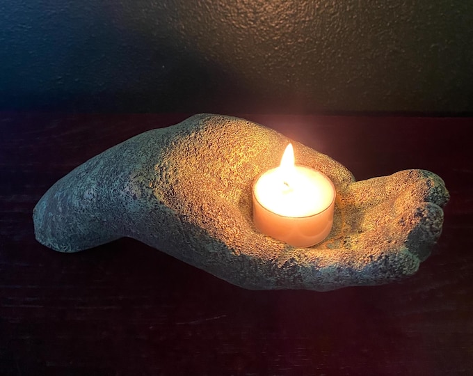 Hand Sculpture, 1-1/2 LBS Hand Carved Rustic Volcanic Stone, Tea Light or Sphere Holder, 8" L x 2" W x 1/4" D, Indonesia, STA33936