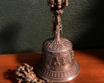 Ritual Tibetan Bell & Dorje, 7-1/4" Brass Ghanta and Vajra with Detail, RIT014