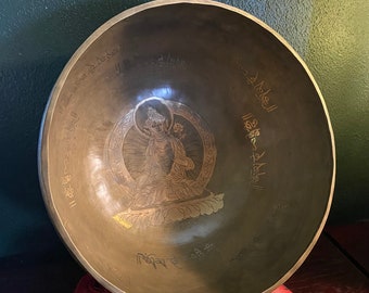 12" XL Buddhist Singing Bowl, VINTAGE,  Handmade, Complete Kit with Two New Suede Covered Wooden Mallets and New Cushion, RIT200