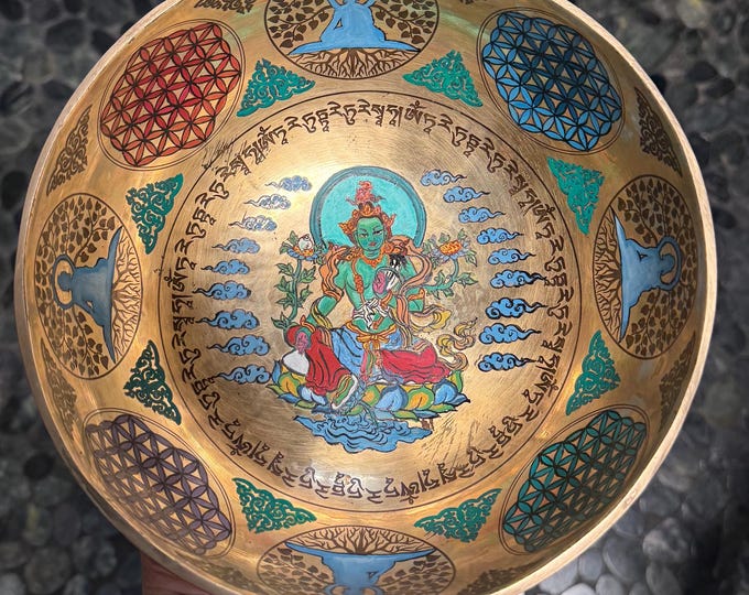 Hand Painted Green Tara Singing Bowl, 8” Dia, 2-1/3 LBS, Complete Set with Booklet, Suede Covered Wooden Striker, Mallet, and Ring Cushion