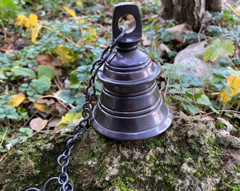 Solid Antique Brass Temple Bell with Chain, 1 LB, 4" H X 3" W, 15" Hanging Chain