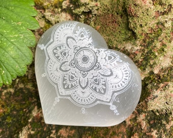 SELENITE Mandala Heart Stone, Hand Carved and Etched, CR8782