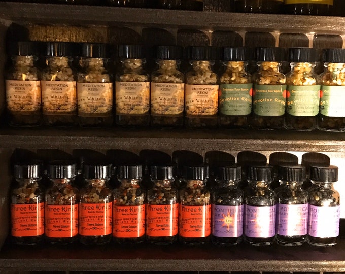 Resin and Powder Incense, Chunky Resins, Precious Woods, Herbs, 1/2 Ounce Glass Jar and Bags, For Charcoal and Resin Heaters, Specials