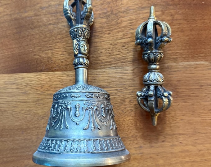 Ritual Tibetan Bell & Dorje Set, 7" Brass Ghanta and Vajra with Detail, RIT015