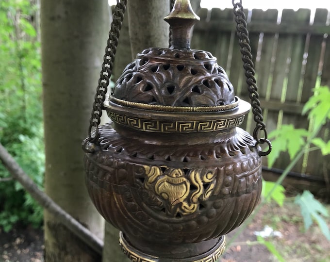 Tibetan Style Hanging Incense Burner Kit, Bronze, Antique Style, Burner Only or With Cone Incense Package