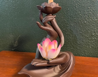 Lotus Hand Incense Burner, Ceramic for Backflow, Cone, and Stick Incense, Included Choice of Incense, Over 1 LB, 8" Tall