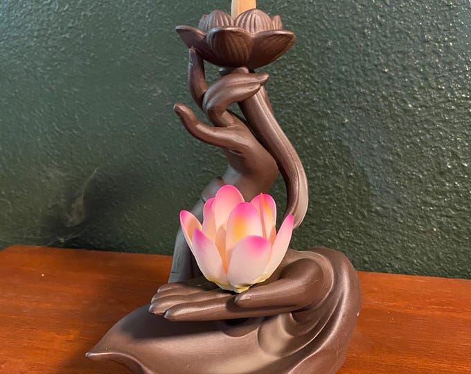 Lotus Hand Incense Burner, Ceramic for Backflow, Cone, and Stick Incense, Included Choice of Incense, Over 1 LB, 8" Tall