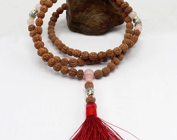 Rudraksha 108 Genuine Prayer Mala, Hand Crafted Japa Mala, 8.5 mm Beads, Rose Quartz & Silver Buddha Head Spacers, Nepal