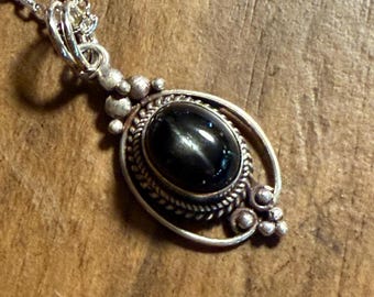 Black Sapphire Pendant, Corundum, Nepal, 23" Cable Chain, LS12680