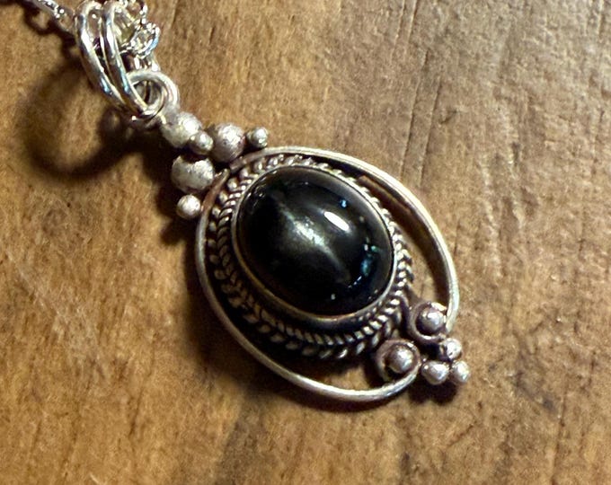 Black Sapphire Pendant, Corundum, Nepal, 23" Cable Chain, LS12680