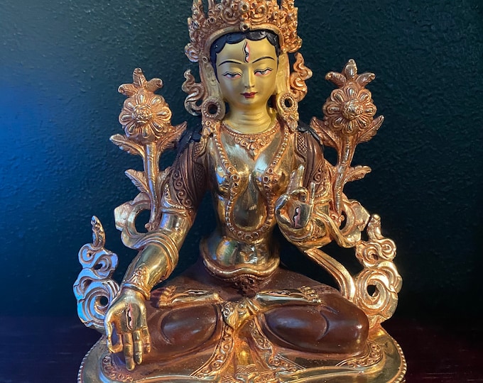 White Tara, Beautifully Hand Painted & Crafted, 3-1/4 LBS Gold Plated Copper and Brass, 8+ Inches Tall, Nepal