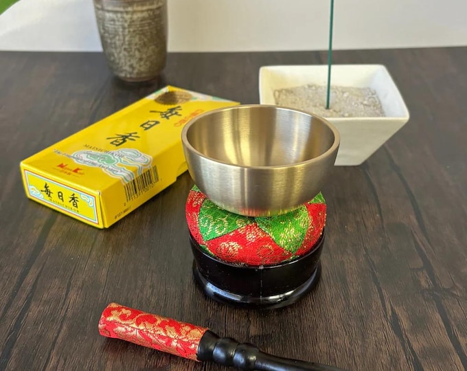 Japanese Orin Bell Kit With Cushion, Stand, and Stick, Meditation, Yoga, Lasting Resonance, 3" Diameter Striking Bell
