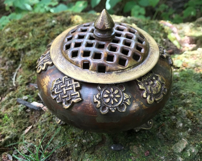 Tibetan Copper & Bronze, Handcrafted Antique Style Incense Burner with Kit , Sand, Charcoal, Holder, Incense Included