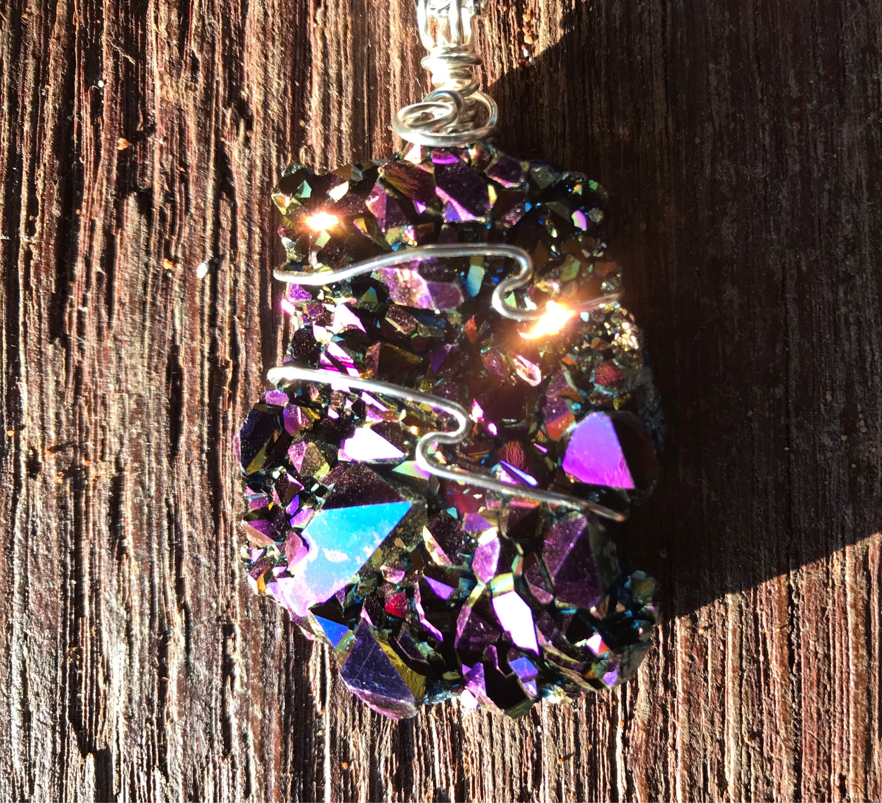 Titanium Aura Quartz Crystal Pendant, Wire Wrapped Cluster, Chain Included