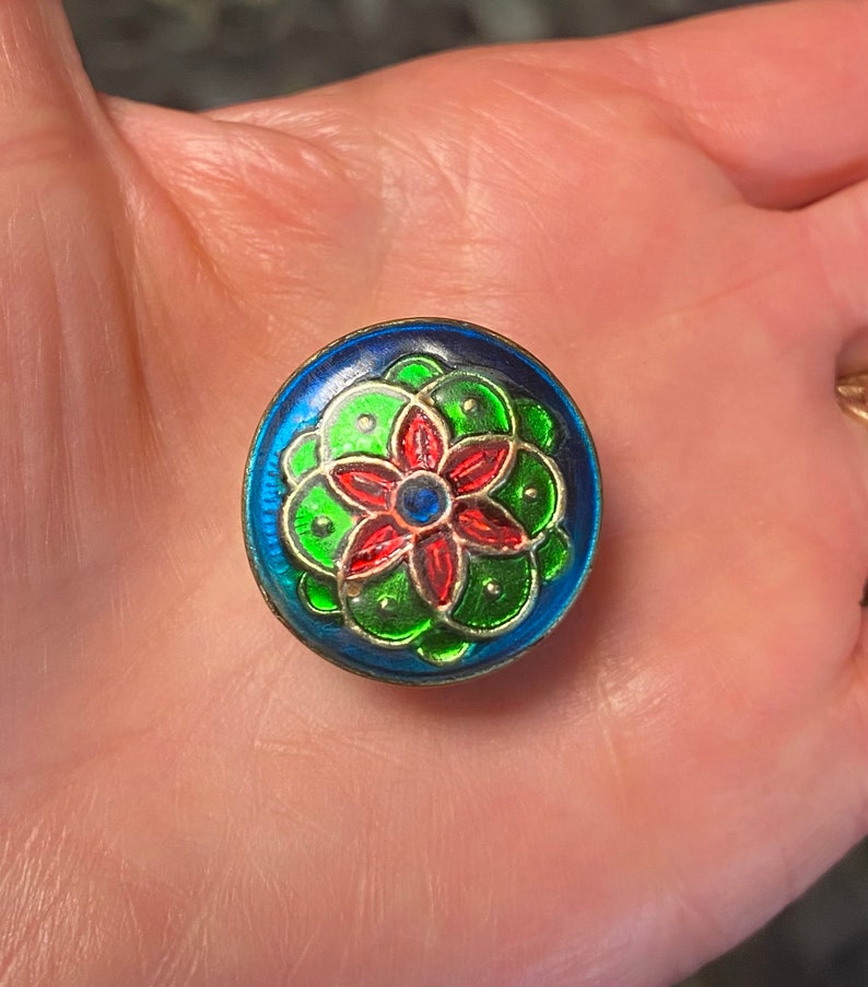 May include: A round, blue, green, and red enamel button with a flower design. The flower has five petals and a blue center.