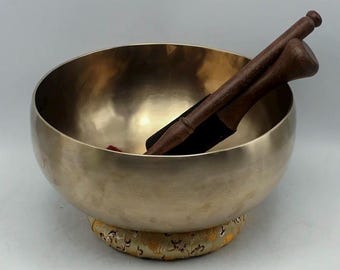 Practitioner Grade Tibetan Singing Bowl Kit, 10-1/4” Vintage, Handmade Traditional, Kit Includes Two Mallets, Book, and Cushion