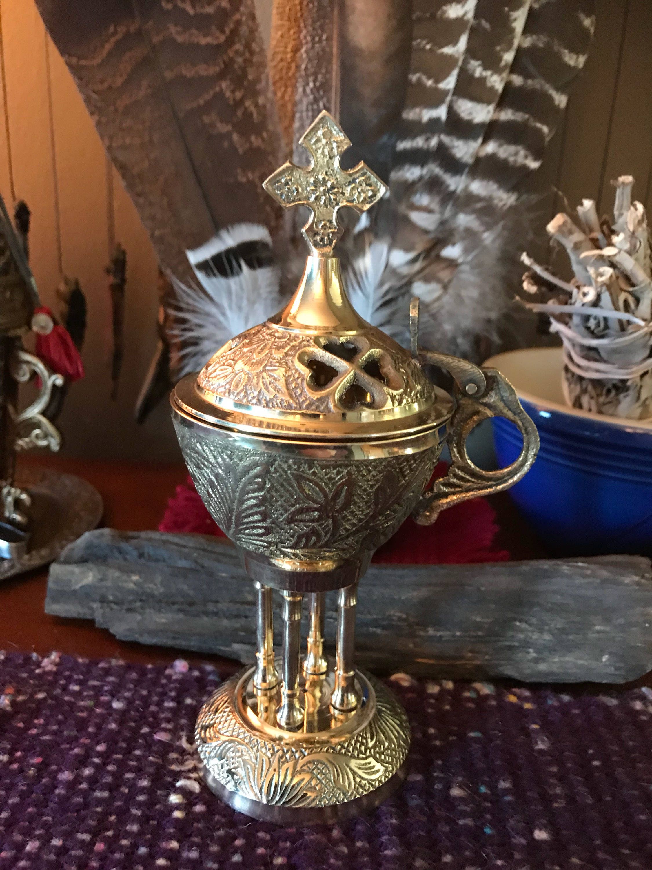 Brass ChurchType Incense Burner, Attached Lid, for Charcoal or Cones