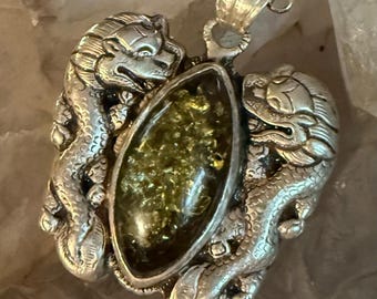 Genuine Green Amber Tibetan Pendant, Snow Lion and Deer Motif, Double-Sided, 21" Chain, Nepal, LS12690