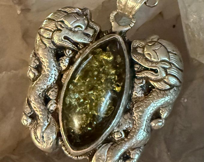 Genuine Green Amber Tibetan Pendant, Snow Lion and Deer Motif, Double-Sided, 21" Chain, Nepal, LS12690