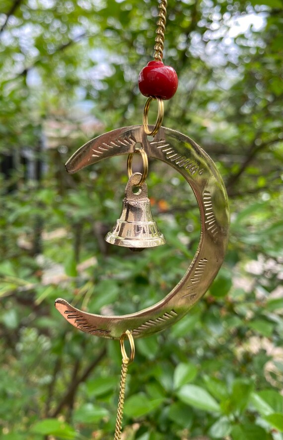 Hanging Brass Crescent Moons & Bells on Brass Chain Wind Chime 24"