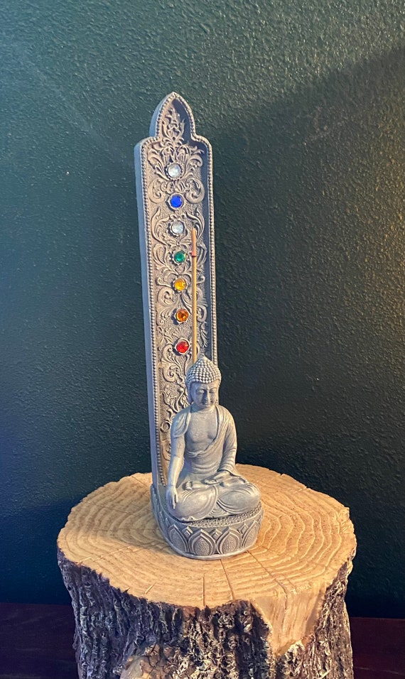 Buddha Incense Holder w/ Chakra Gems 11-1/2” H, Bonded Cast Resin, Incense Included
