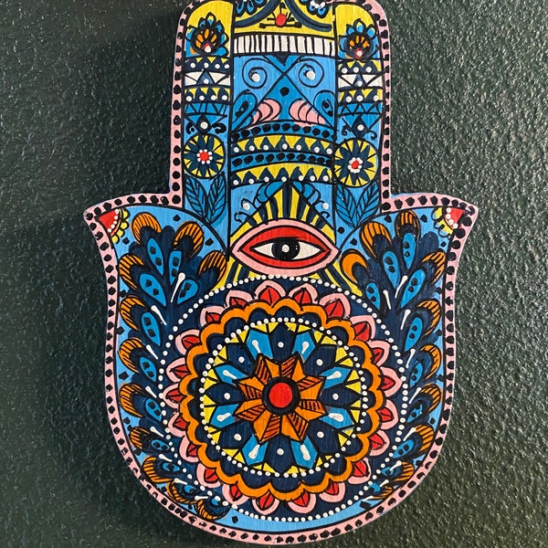 Hamsa Wooden Wall Hanging, Rustic Hand Painted, Ready to Hang, Small Blue, India