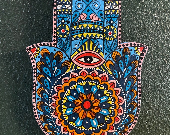 Hamsa Wooden Wall Hanging, Rustic Hand Painted, Ready to Hang, Small Blue, India