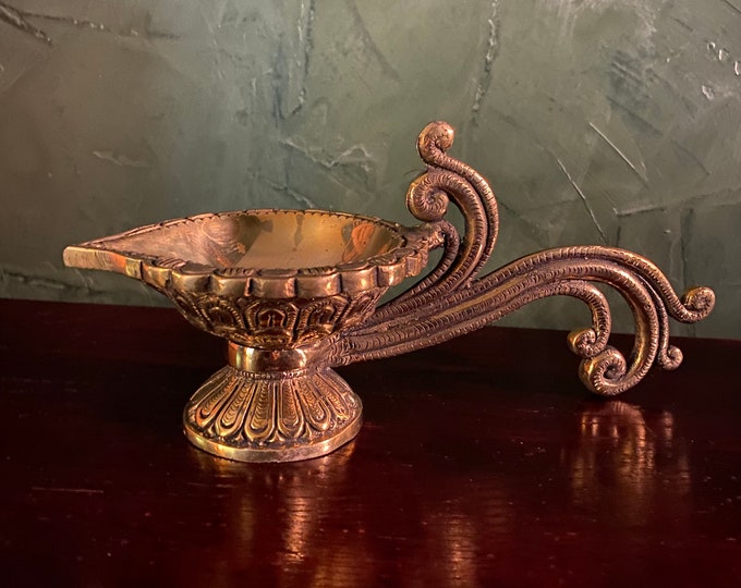 Solid Brass Oil Lamp, Incense Burner, Candle Holder, Catch All Dish, 9" Length, 2 LBS+ Heavy