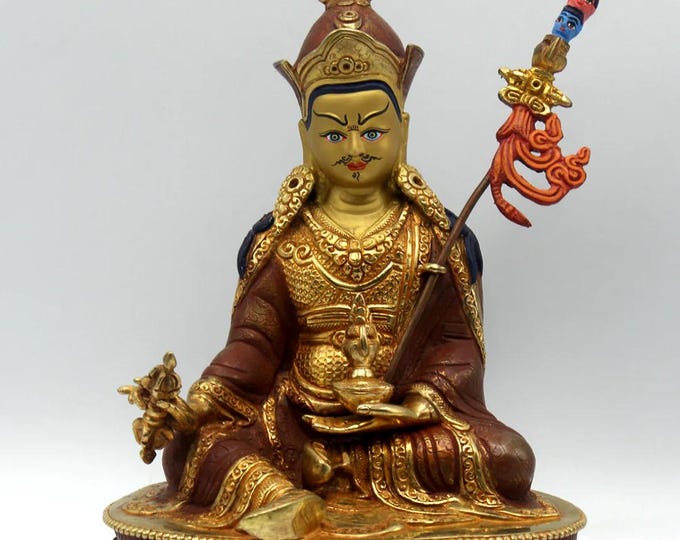 Padmasambhava, 3 LBS- Guru Rinpoche Statue, Beautifully Hand Crafted, Hand Painted, Partially Gold Plated, 8.6" H, Nepal