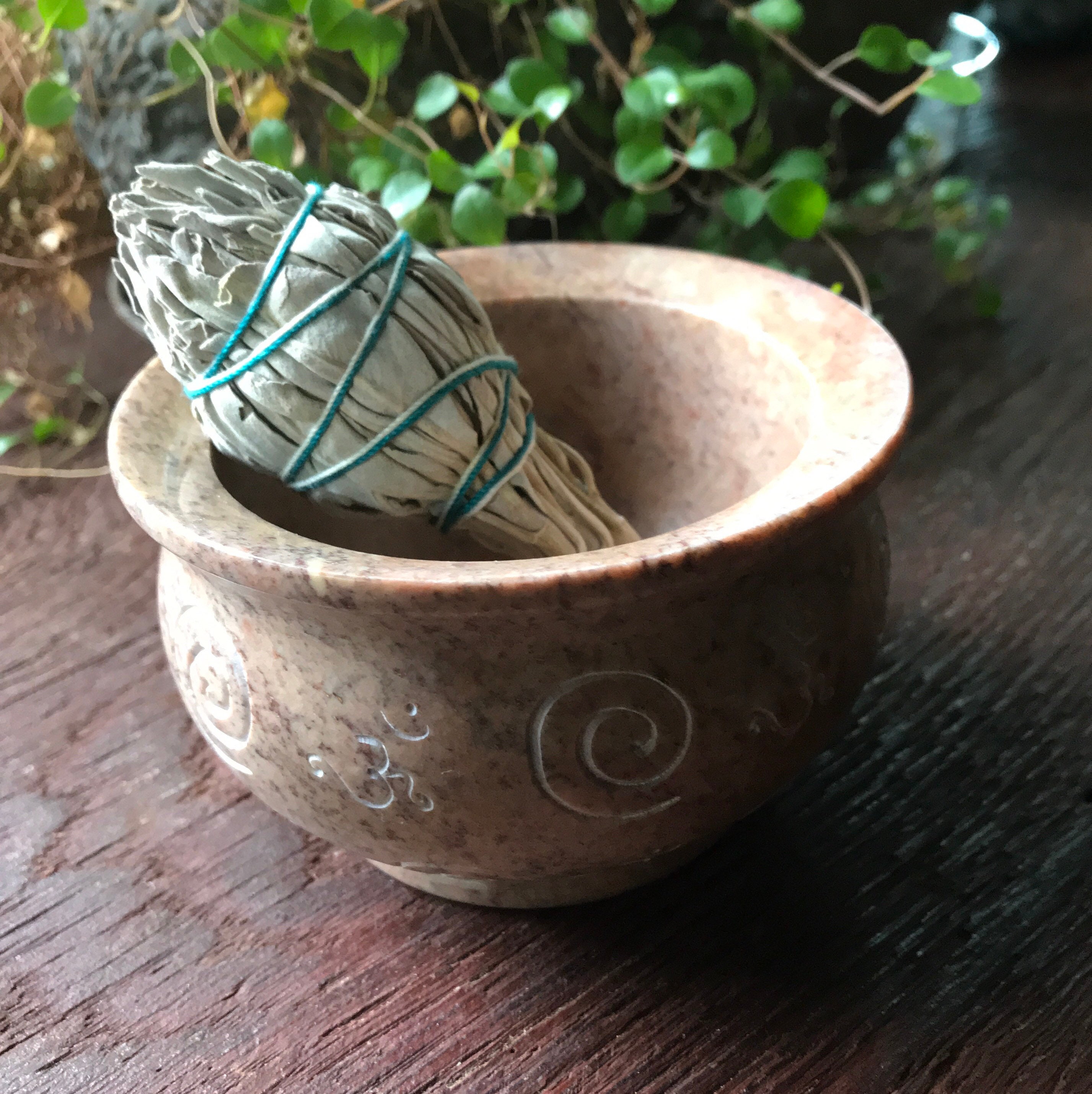 Soapstone Spiral Smudge Bowl with Mini Smudge Wand, 4 Heavy Altar Bowl