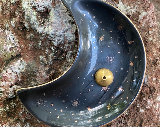 Crescent Moon, Fine Ceramic Vintage Incense Burner With Brass Stick Holder, Burner Only IB11839
