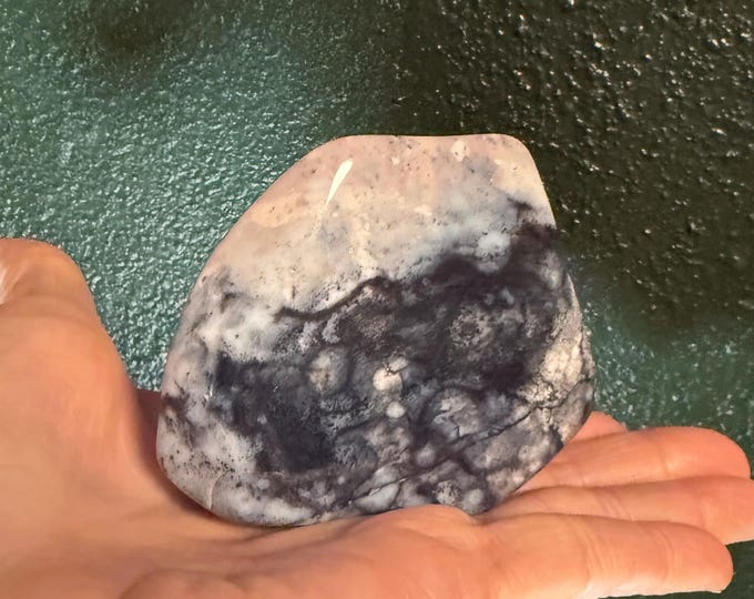 Black Dendritic Agate, 1/3 LB- Polished and Standing Freeform Orbicular Palmstone, 131.10 Grams, India, CR12717