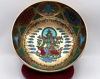 Hand Painted Green Tara Singing Bowl, 8” Dia, 2-1/3 LBS, Complete Set with Booklet, Suede Covered Wooden Striker, Mallet, and Ring Cushion