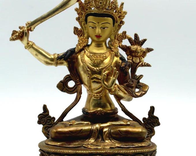 Manjushri, Bodhisattva of Wisdom, Gold Plated Copper Statue, 9” H, Handcrafted in Nepal