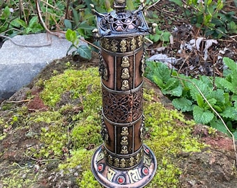 Tibetan Incense Tower, Copper & Brass Mahakala Buddha Stupa Burner, 11” Tall, For Stick and Tibetan Incense, Incense Included, Nepal