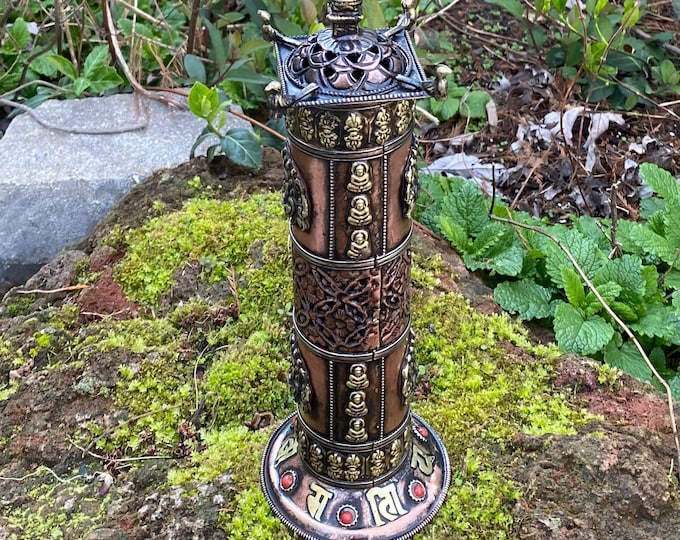 Tibetan Incense Tower, Copper & Brass Buddha OR Stupa Burner, 11” Tall, For Stick and Tibetan Incense, Incense Included, Nepal, Choose