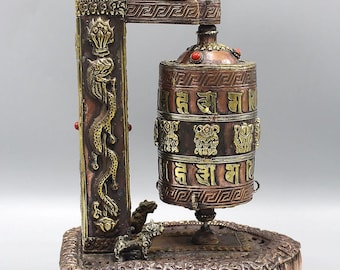Om Mani Tibetan Prayer Wheel with Kalachakra Frame, Handcrafted, Rustic, Nepal, 2-1/2 LBS